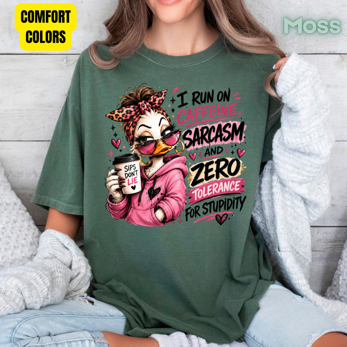 Funny Duck Caffeine T-Shirt, I Run on Caffeine Coffee Messy Bun Leopard Bow Women Tee