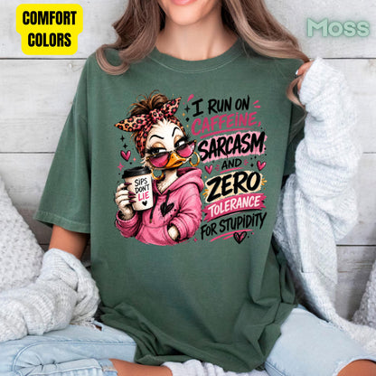 Funny Duck Caffeine T-Shirt, I Run on Caffeine Coffee Messy Bun Leopard Bow Women Tee