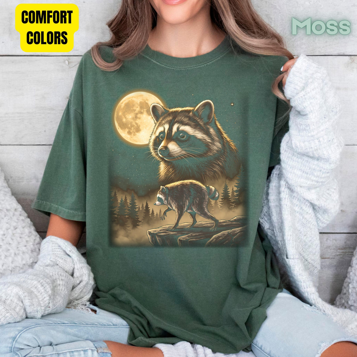 Vintage Raccoon Full Moon T-Shirt, Forest Wildlife Trash Panda Outdoor Comfort Color Tee