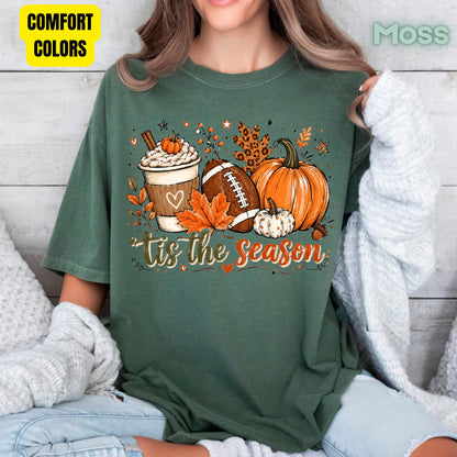 Tis the Season Football Fall T-Shirt, Pumpkin Spice Coffee Thanksgiving Tee