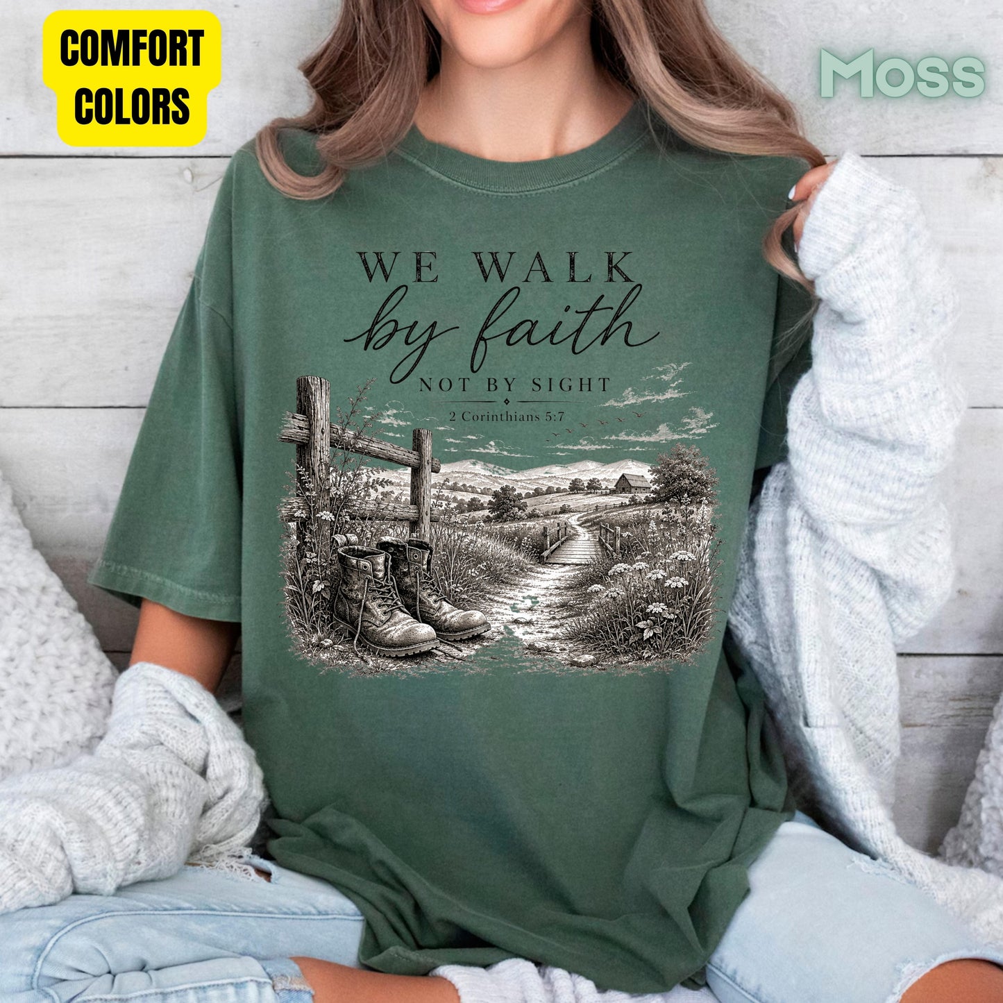 We Walk by Faith Not by Sight Christian T-Shirt, 2 Corinthians 5:7 Boots Country Road Tee