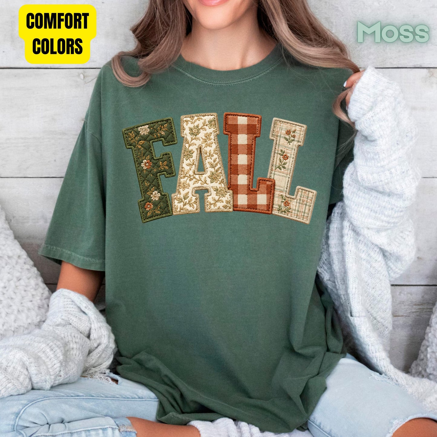 Fall Patchwork Chenille Letters T-Shirt, Quilted Plaid Autumn Thanksgiving Comfort Color Tee