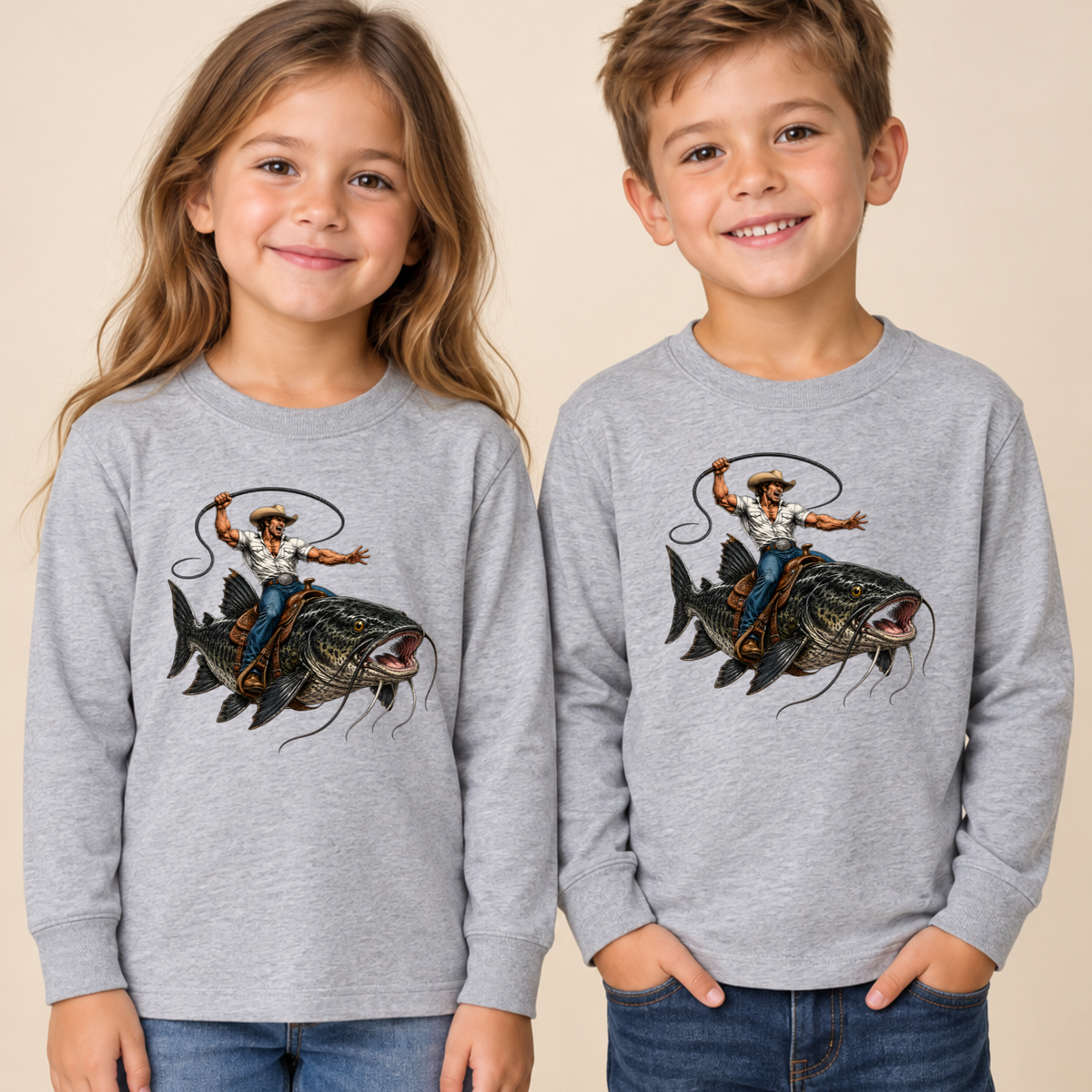 Cowboy Riding Catfish T-Shirt, Funny Fishing Rodeo Southern Graphic Tee for Toddler and Kids