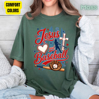 Jesus and Baseball Comfort Colors T Shirts Cute Christian Sports Tee Baseball Cross Glove Shirt Patriotic Stars Red White Blue Faith Graphic Hoodie