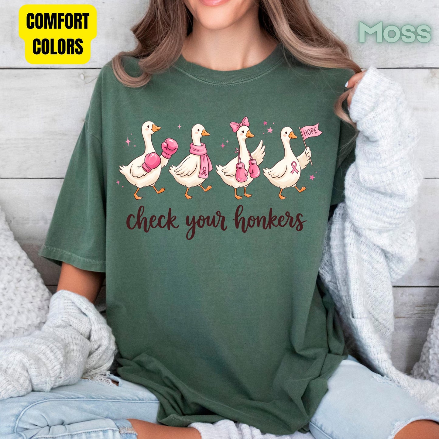 Check Your Honkers Ducks Breast Cancer Awareness T-Shirt, Pink Ribbon Boxing Gloves Geese Tee