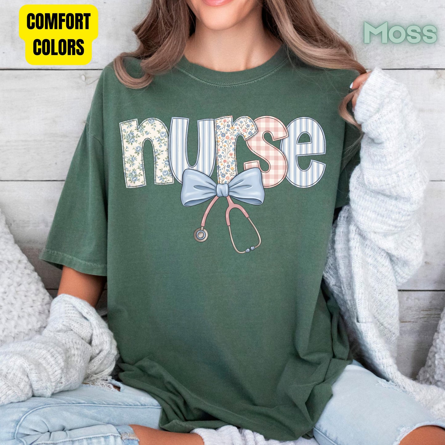 Nurse Coquette Floral Bow T-Shirt, Stethoscope Vintage Patchwork Nurse Tee