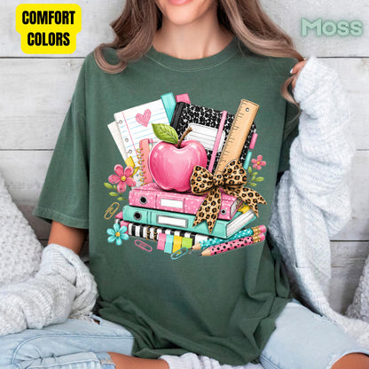 Pink Apple School Supplies T-Shirt, Books Leopard Bow Back to School Teacher Tee
