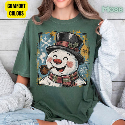 Vintage Snowman Christmas T-Shirt, Top Hat Pipe Snowflakes Scarf Comfort Color Tee
