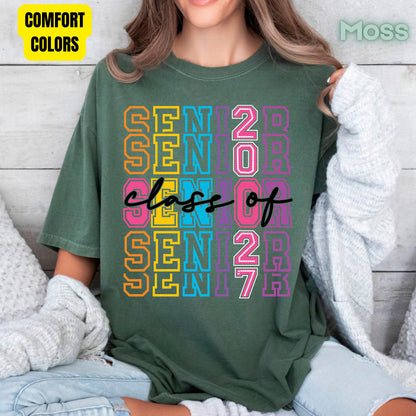 Senior Class of 2027 Colorful Retro T-Shirt, Stacked Varsity Letters Pastel Graduation Tee