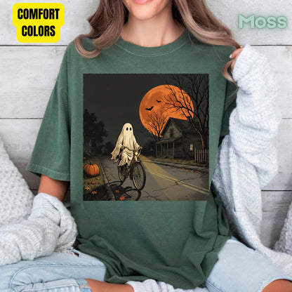 Ghost Riding Bike Halloween T-Shirt, Haunted House Orange Harvest Moon Tee Sweatshirt
