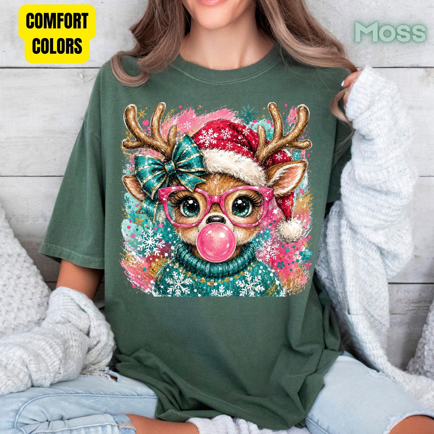 Christmas Reindeer Pink Glasses T-Shirt, Bubblegum Deer Santa Hat Cute Comfort Color Tee