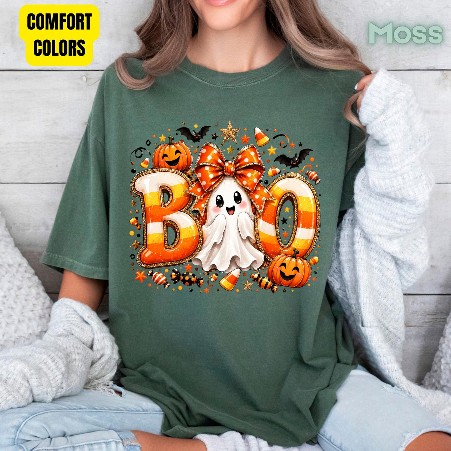 Halloween Boo Ghost Orange Bow T-Shirt, Candy Corn Pumpkin Spooky Season Tee