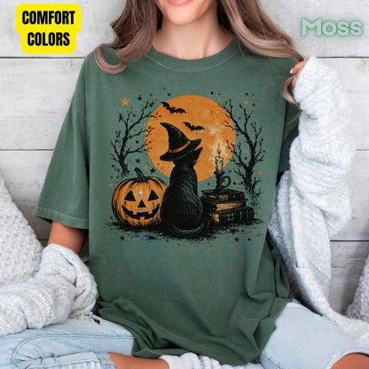 Halloween Black Cat Witch T-Shirt, Full Moon Pumpkin Spooky Vintage Books Magic Tee