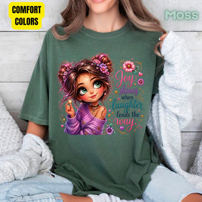 Joy Shines Laughter Space Buns Girl T-Shirt, Cute Floral Quote Tee