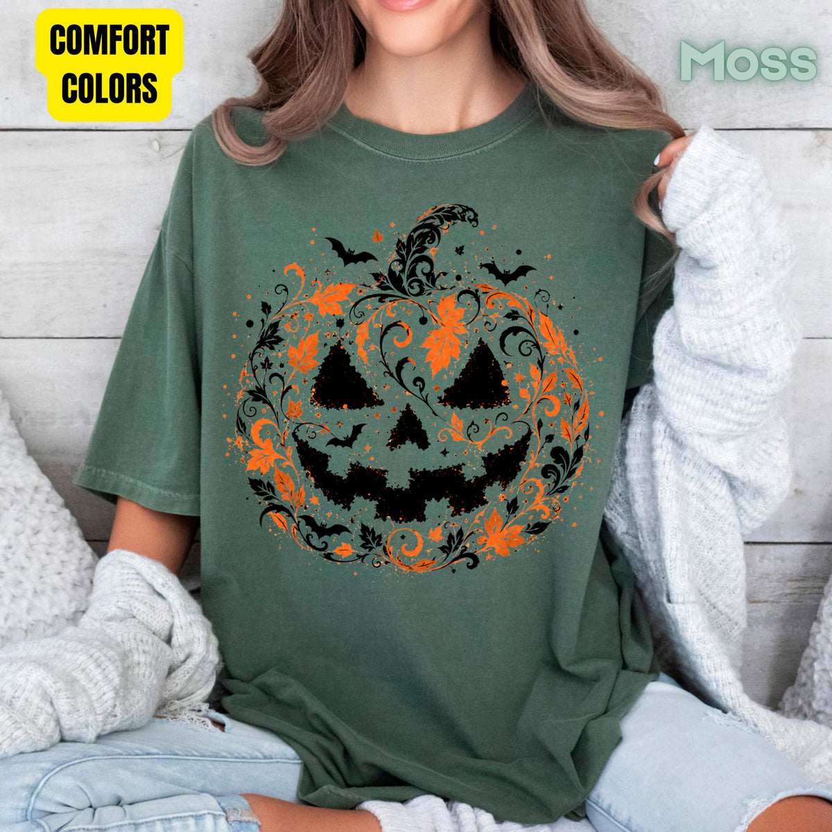 Halloween Pumpkin Face Floral Swirl Gothic T-Shirt, Intricate Spooky Pumpkin Tee