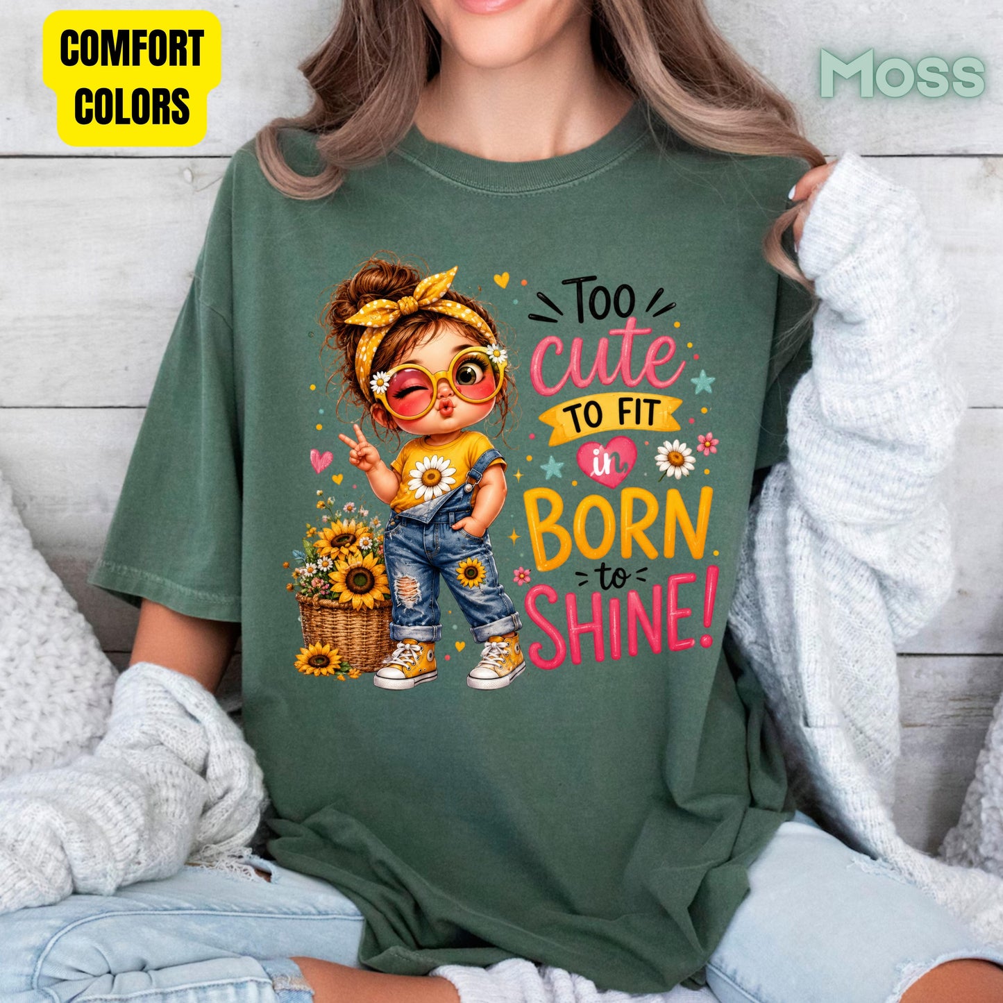 Too Cute to Fit In Born to Shine Little Girl T-Shirt, Sunflower Headband Tee
