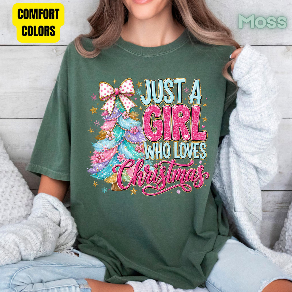 Just A Girl Who Loves Christmas Comfort Colors T Shirts Cute Colorful Christmas Tree Tee Pastel Pink Holiday Graphic Shirt Winter Hoodie