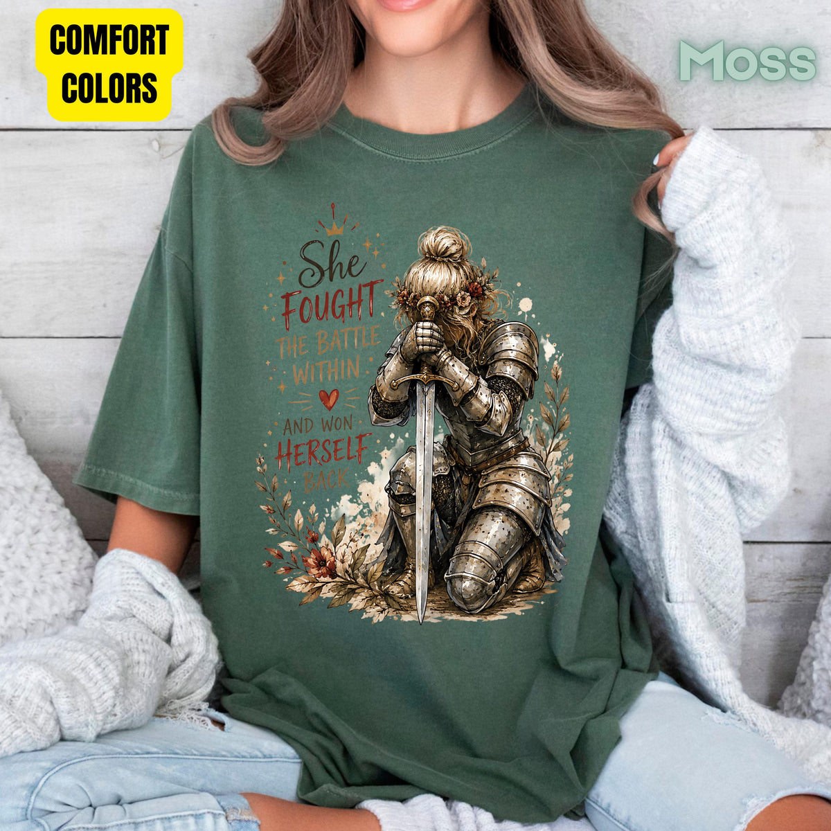 Inspirational Knight Girl She Fought the Battle Within T-Shirt, Female Warrior Sword Armor Tee