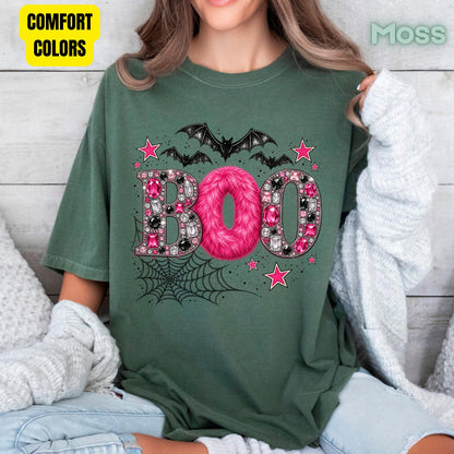 Boo Pink Glitter Bats Halloween T-Shirt, Spider Web Sparkle Comfort Color Tee