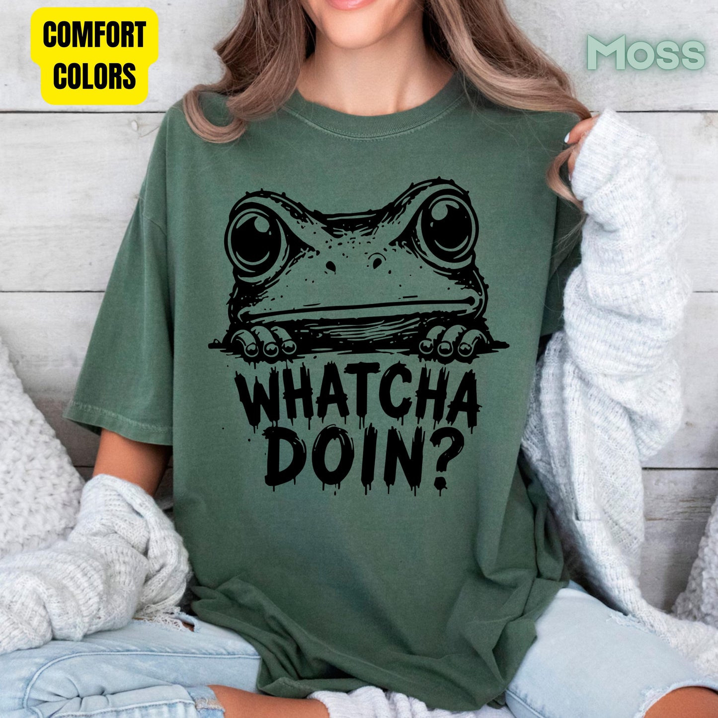 Whatcha Doin Frog Funny Peeking T-Shirt, Black White Cute Frog Tee
