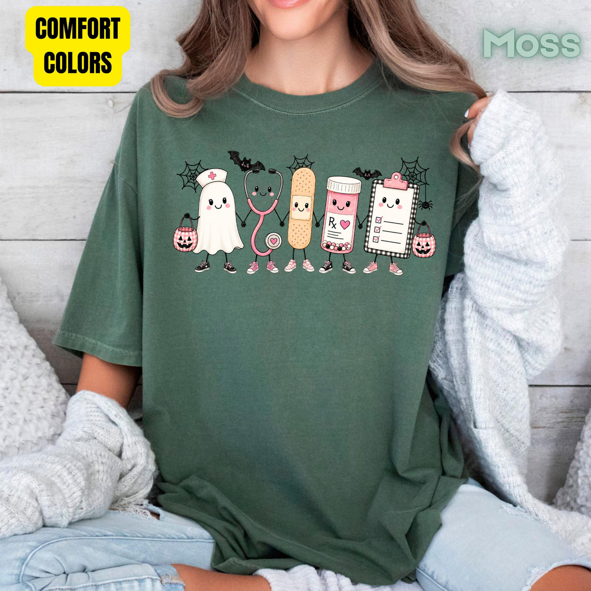 Pink Spooky Nurse Squad Halloween T-Shirt, Ghost Stethoscope Medical Bandage Tee