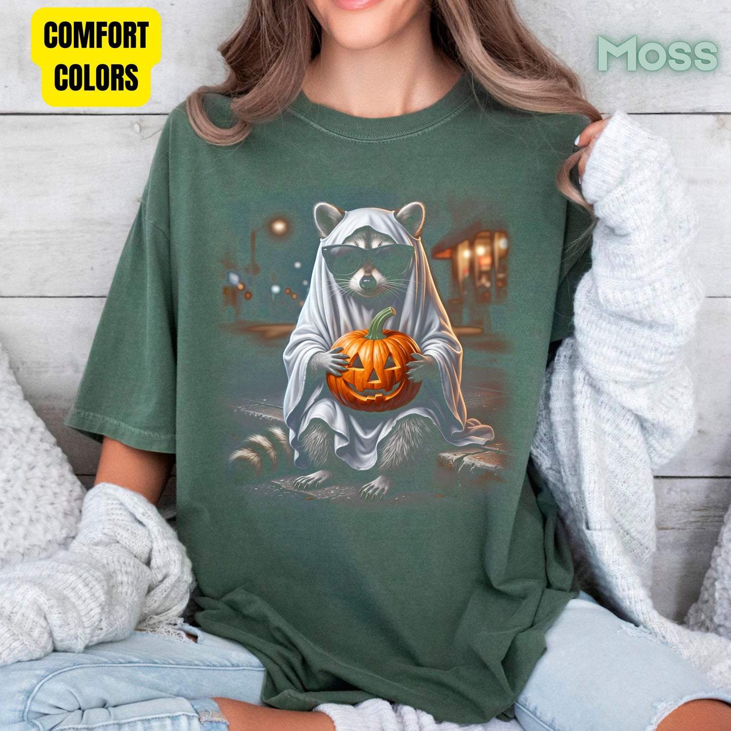 Halloween Ghost Raccoon T-Shirt, Pumpkin Trash Panda Spooky Vintage Tee