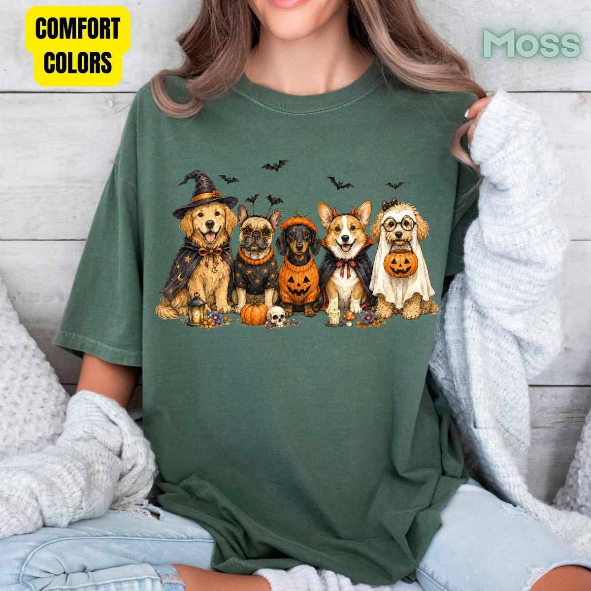 Halloween Dogs Comfort Colors T Shirts Cute Witchy Puppy Pumpkin Tees Spooky Costume Corgi Frenchie Golden Retriever Shirt Autumn Fall Graphic Hoodie