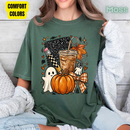Spooky Teacher Comfort Colors T Shirts Cute Halloween Back To School Tee Pumpkin Iced Coffee Ghost Composition Notebook Shirt Fall Graphic Sweater