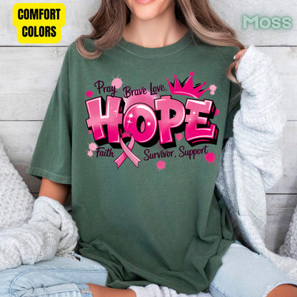 Breast Cancer Hope Pink Ribbon T-Shirt, Survivor Awareness Support Comfort Color Tee