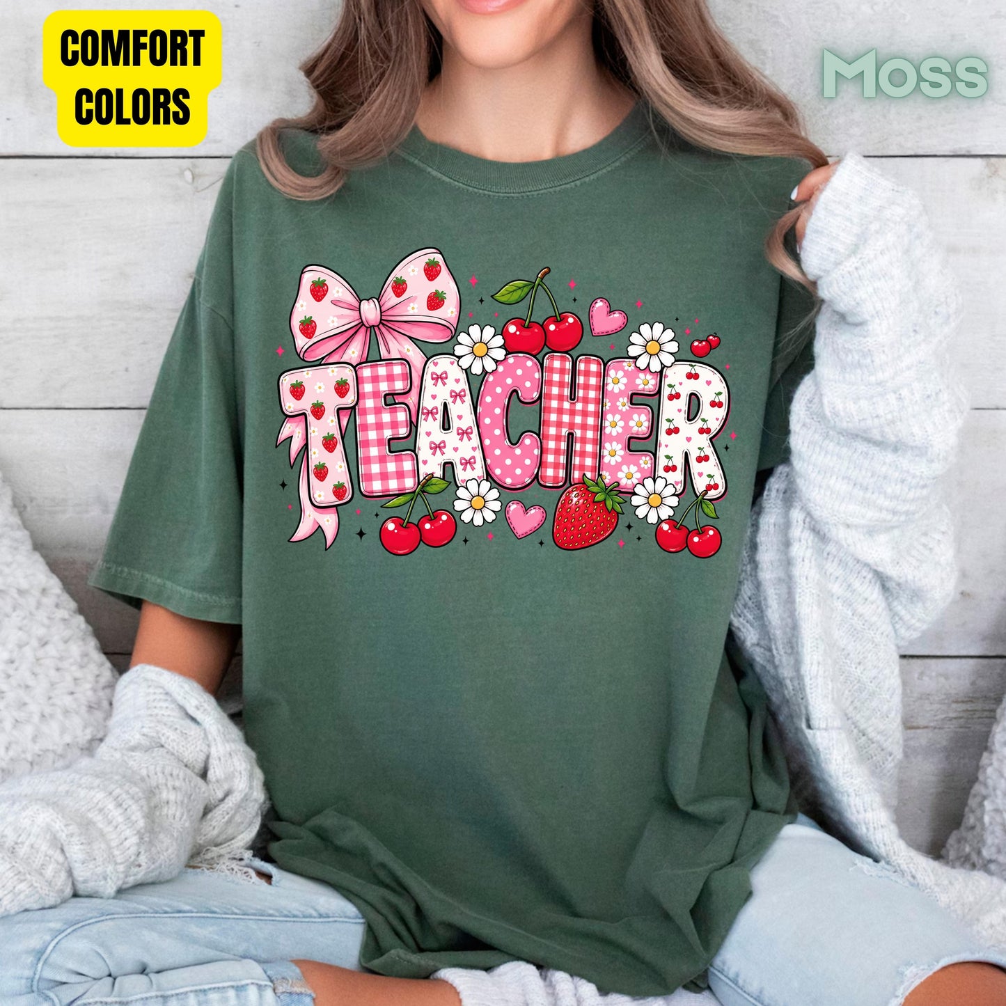 Teacher Coquette Pink T-Shirt, Strawberries Cherries Bow School Educator Tee