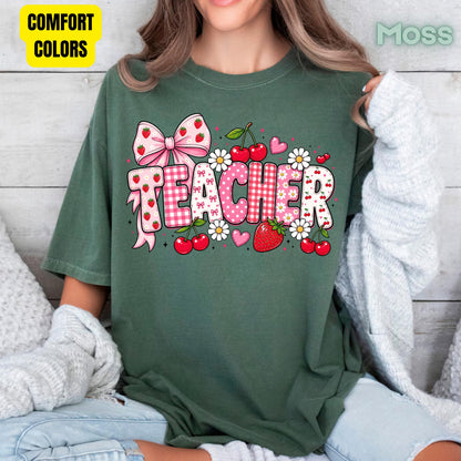 Teacher Coquette Pink T-Shirt, Strawberries Cherries Bow School Educator Tee
