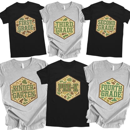 Boys Retro Camo Back to School Shirt Kinderarten Pre-K First Grade Second Grade Third Grade Fourth Grade Fifth Grade Kids Welcome Back Tees