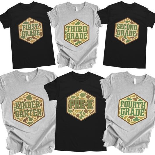 Boys Retro Camo Back to School Shirt Kinderarten Pre-K First Grade Second Grade Third Grade Fourth Grade Fifth Grade Kids Welcome Back Tees