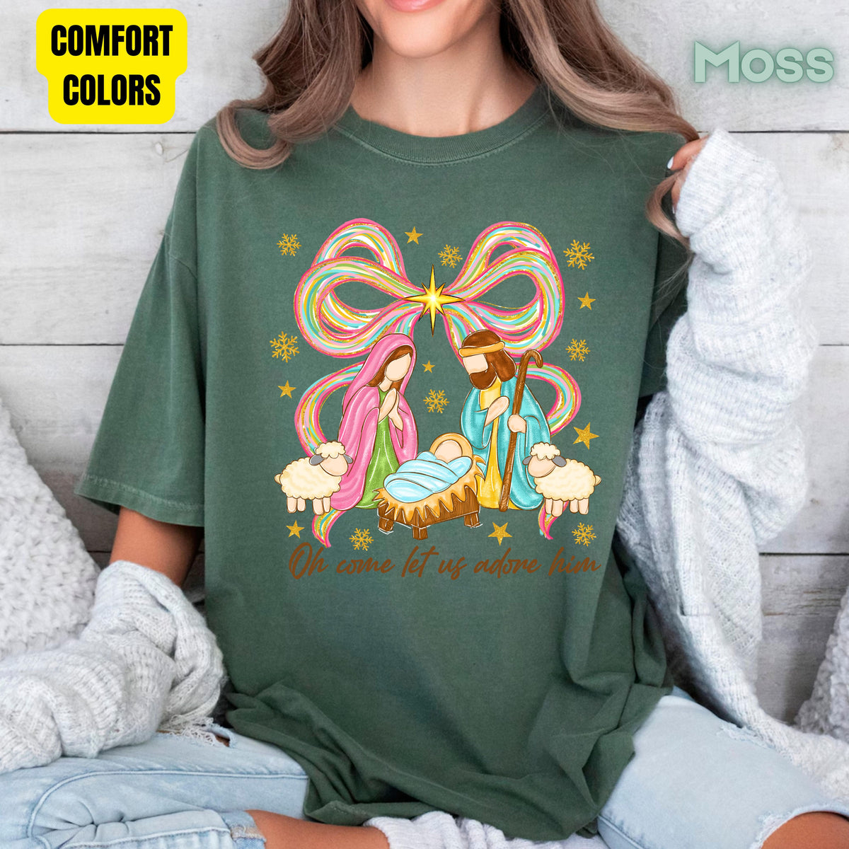 Nativity Comfort Colors T Shirts Oh Come Let Us Adore Him Tee Colorful Bow Christmas Cute Scene Shirt Religious Holy Night Graphic sweatshirt