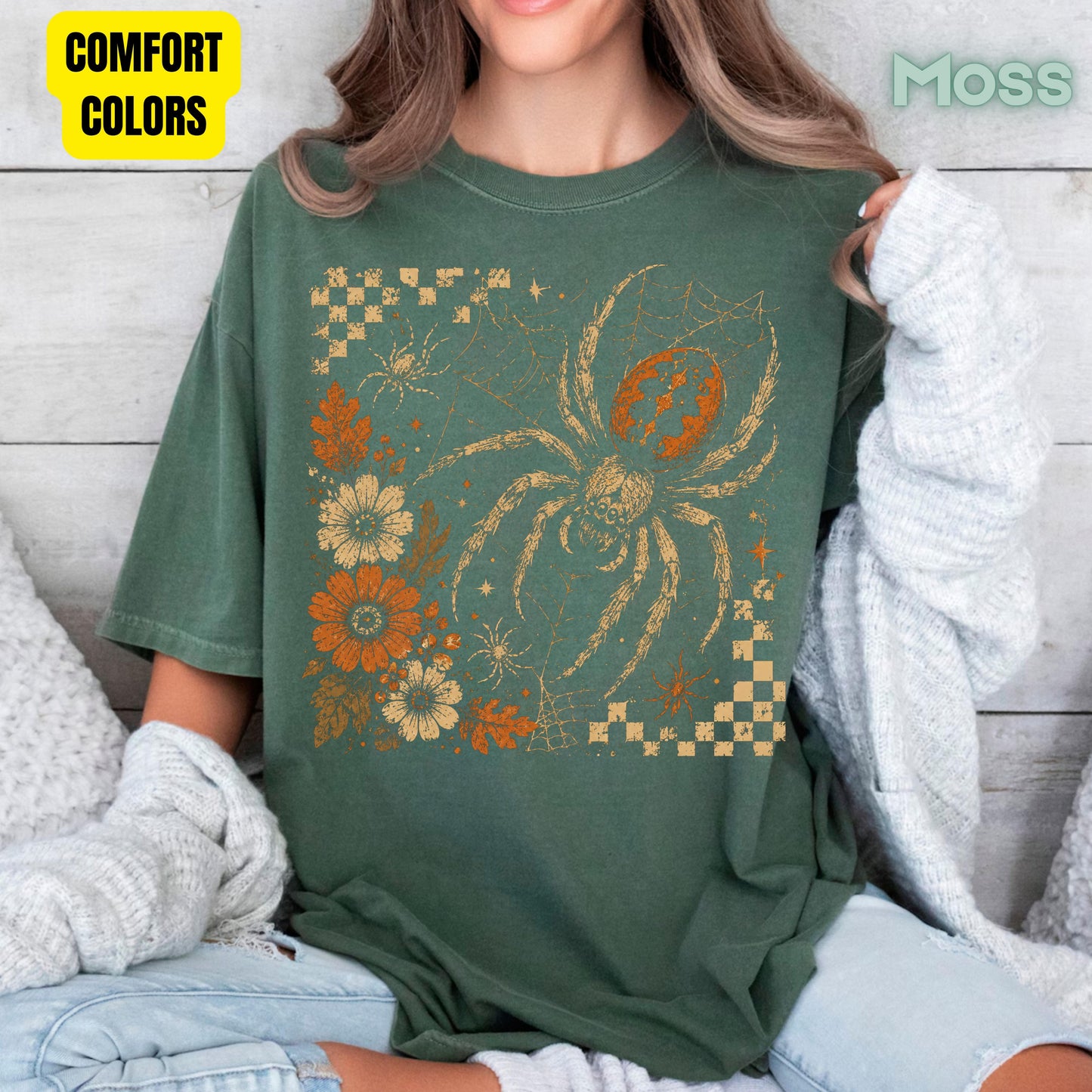 Vintage Fall Halloween Spider T-Shirt, Floral Spiderweb Checkered Spooky Season Tee