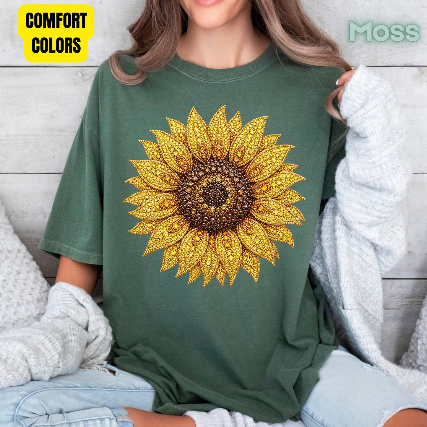 Sunflower Yellow Beaded Floral T-Shirt, Summer Fall Flower Tee