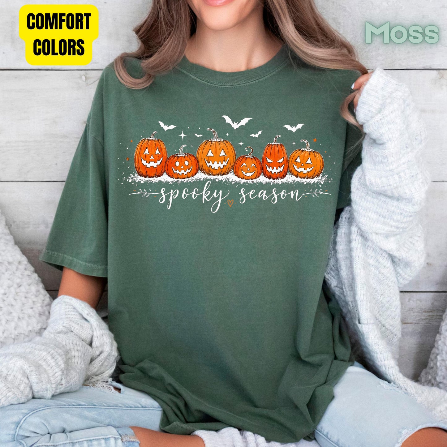 Spooky Season Jack O Lantern T-Shirt, Pumpkin Patch Bats Cursive Halloween Tee Sweatshirt