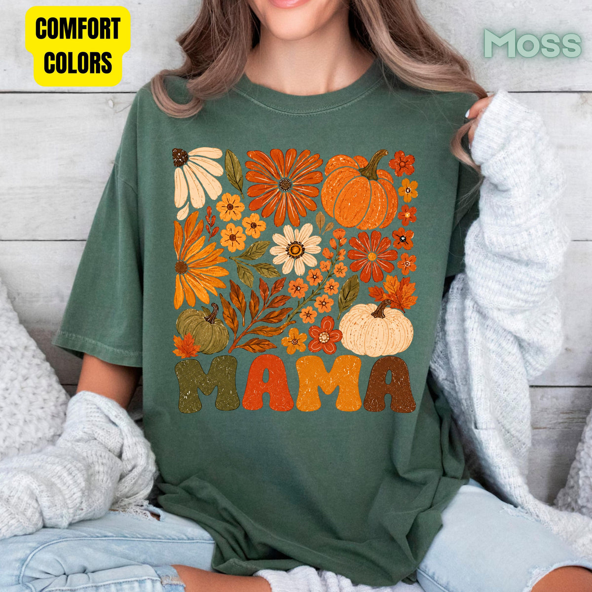 Mama Fall Floral Pumpkins T-Shirt, Retro Groovy Autumn Flowers Thanksgiving Comfort Color Tee
