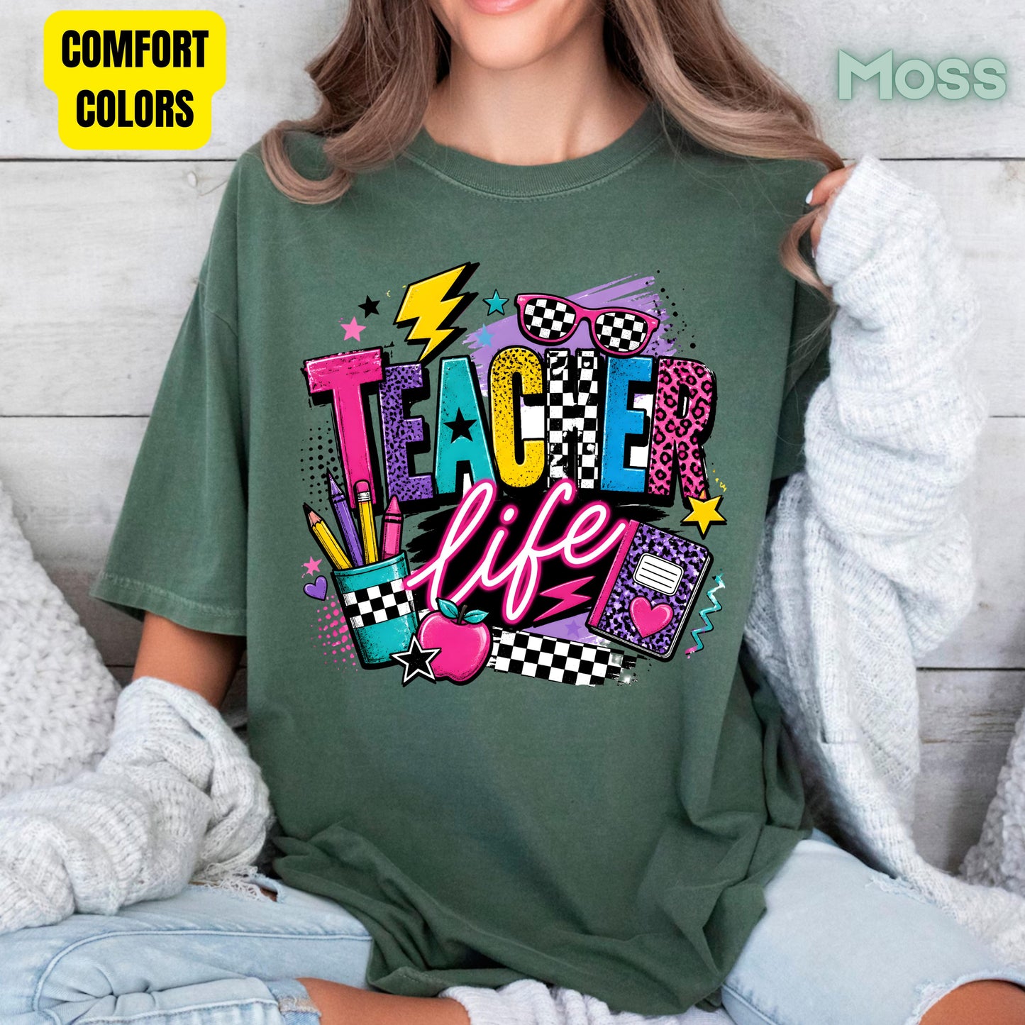 Retro Neon Teacher Life T-Shirt, Colorful Doodle Graffiti Checkerboard Sunglasses Back to School Tee