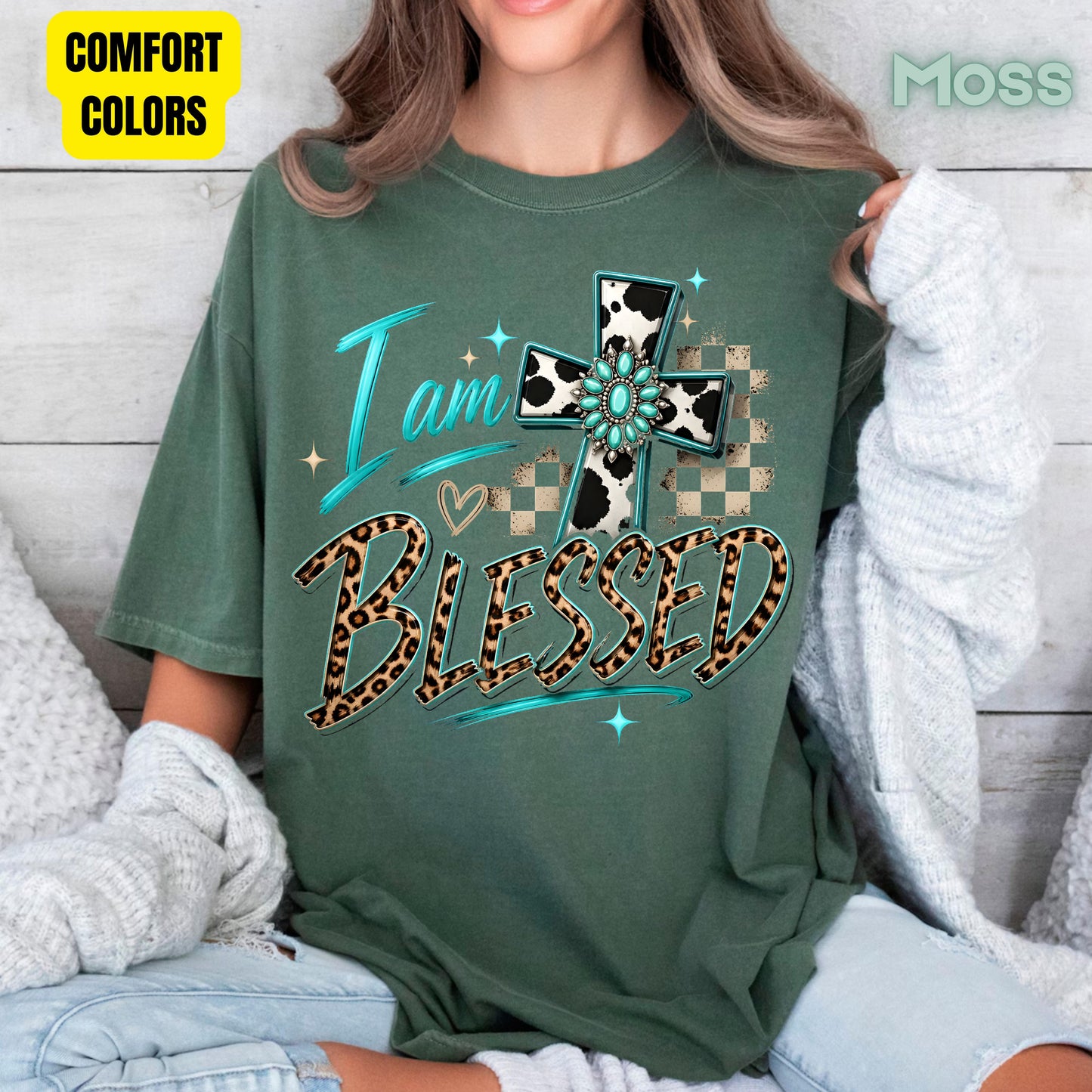 I Am Blessed Western Cross Cow Print T-Shirt, Turquoise Leopard Faith Tee