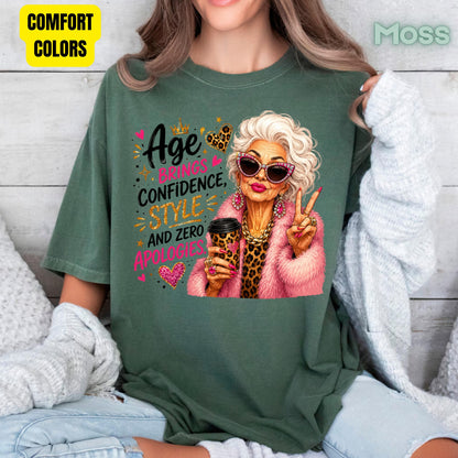 Age Brings Confidence Senior Woman T-Shirt, Fabulous Glam Leopard Coffee Comfort Color Tee