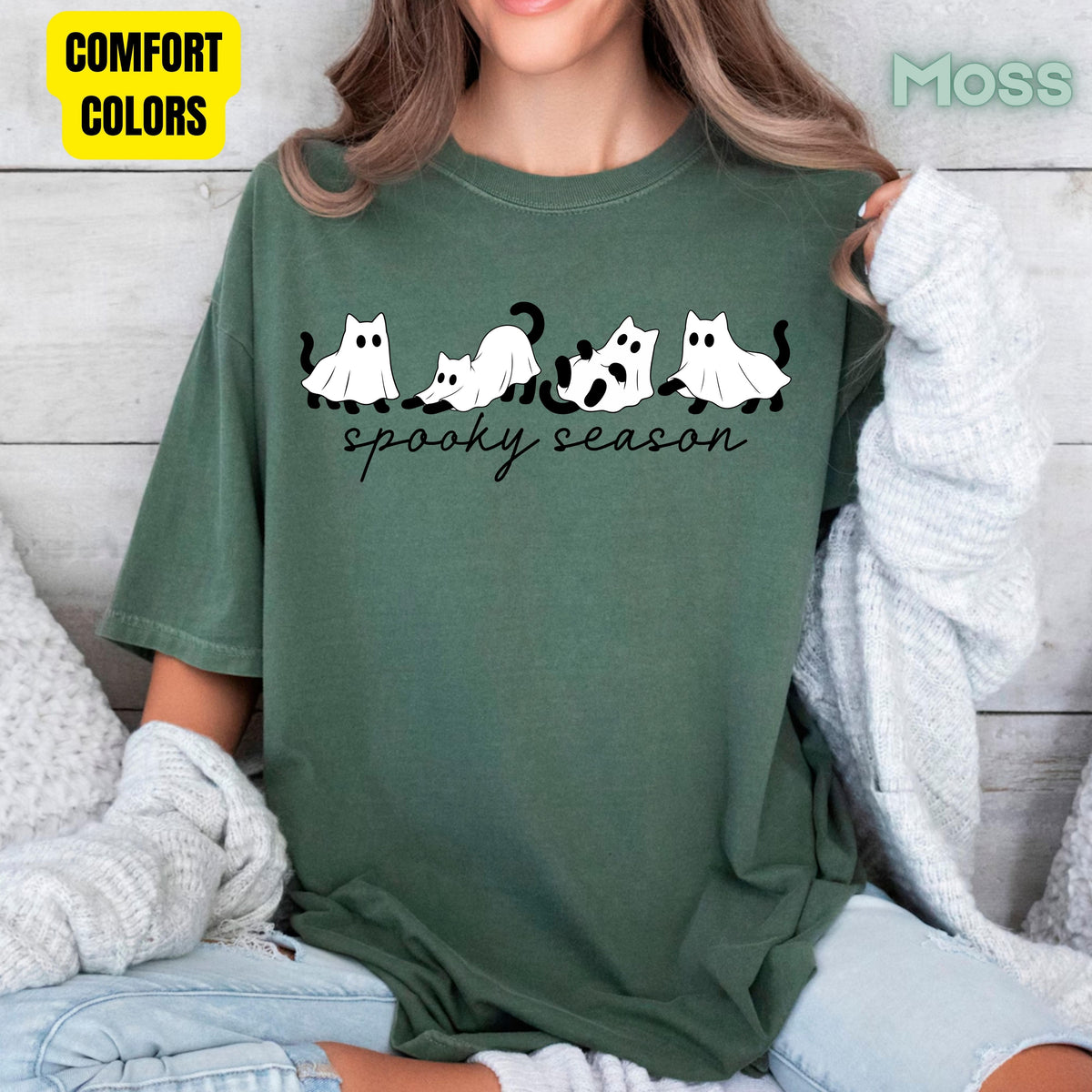 Spooky Season Ghost Cats Halloween T-Shirt, Black Cats Ghost Line Art Minimalist Tee