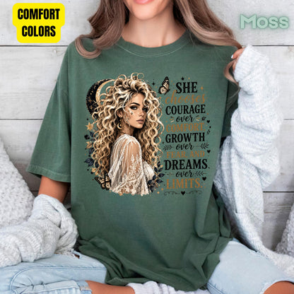 She Chooses Courage Inspirational T-Shirt, Blonde Woman Butterfly Crescent Moon Tee Sweatshirt