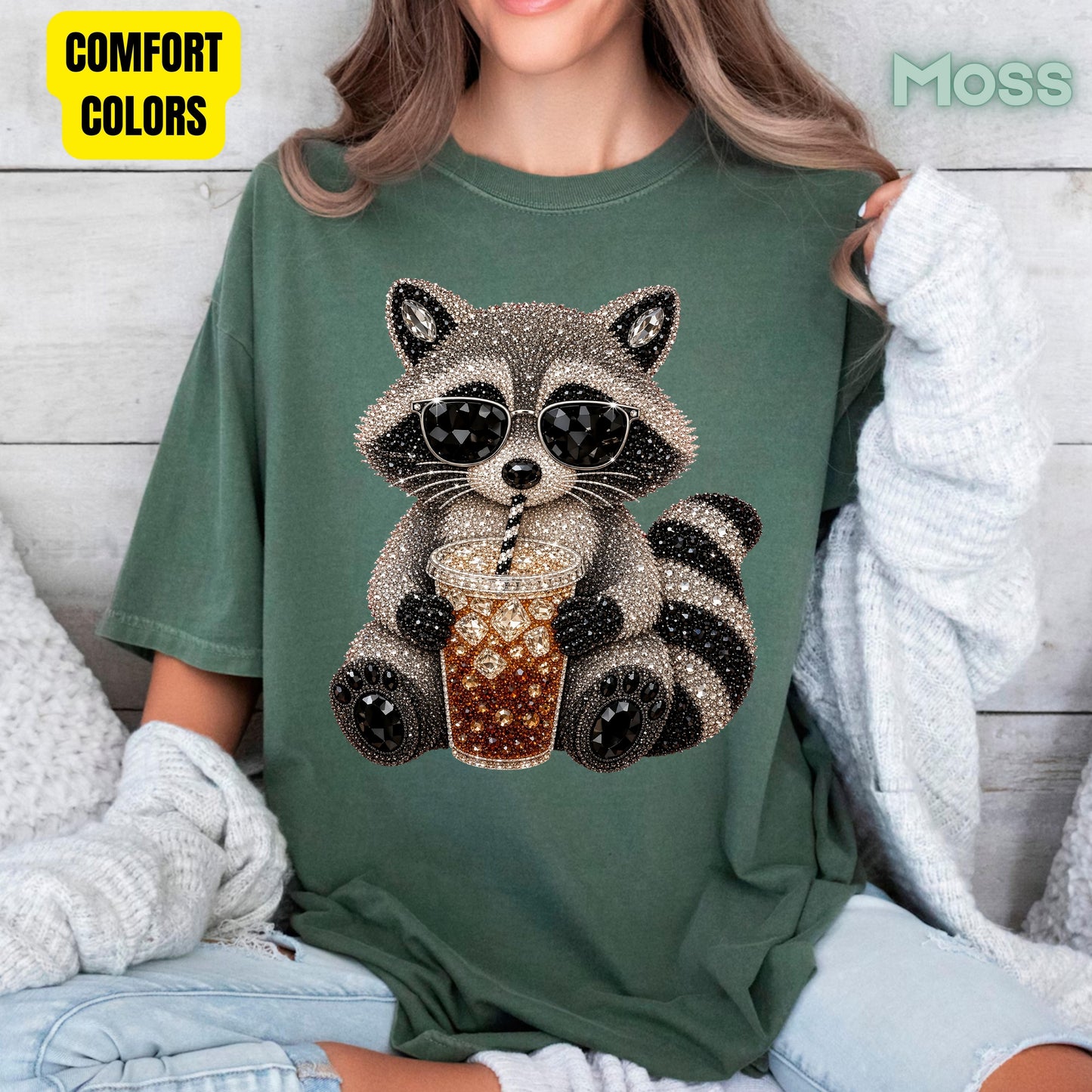 Cool Raccoon Iced Coffee T-Shirt, Sunglasses Trash Panda Rhinestone Tee Sweatshirt