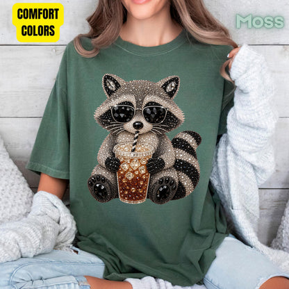 Cool Raccoon Iced Coffee T-Shirt, Sunglasses Trash Panda Rhinestone Tee Sweatshirt