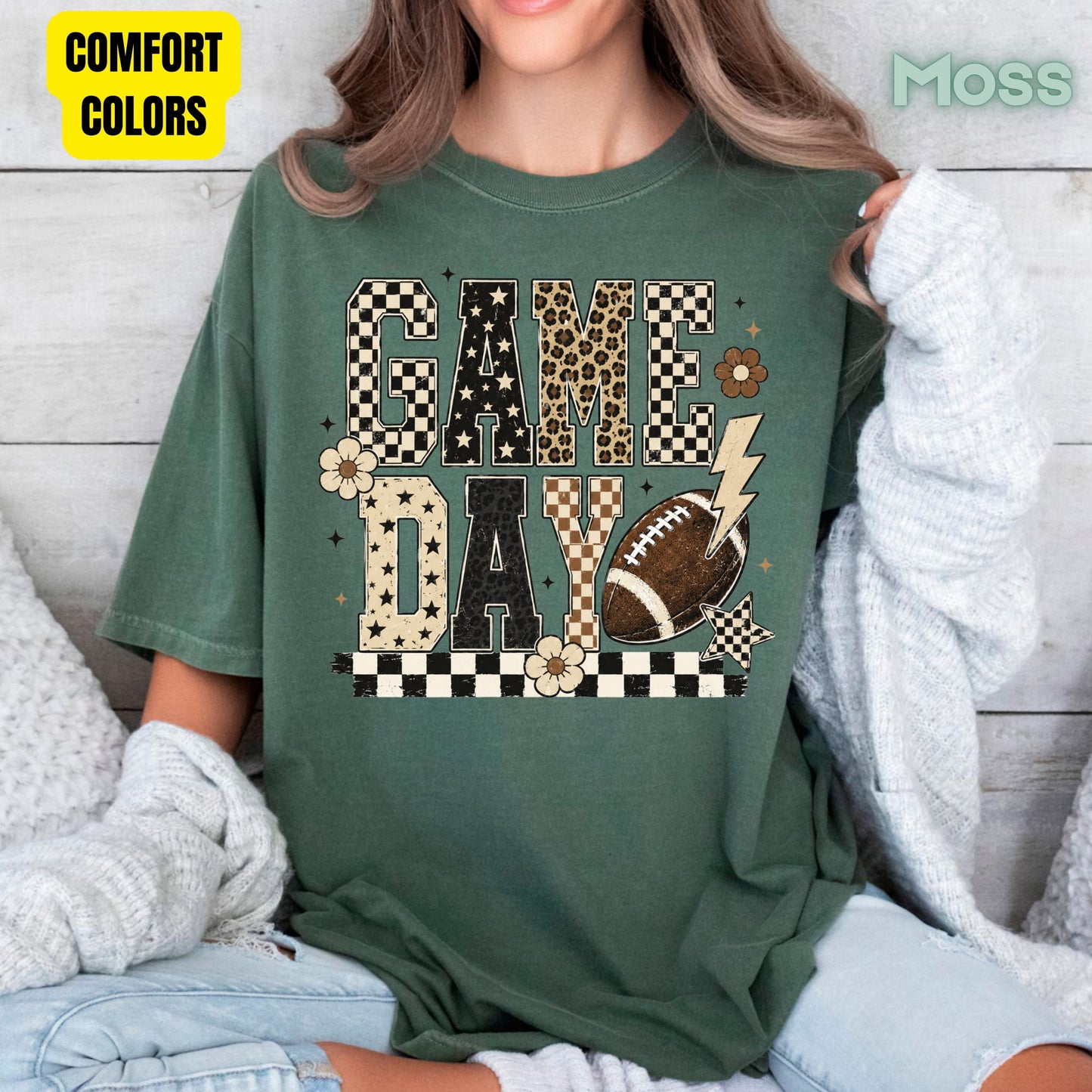 Game Day Leopard Football T-Shirt, Checkered Lightning Bolt Retro Western Tee Sweatshirt