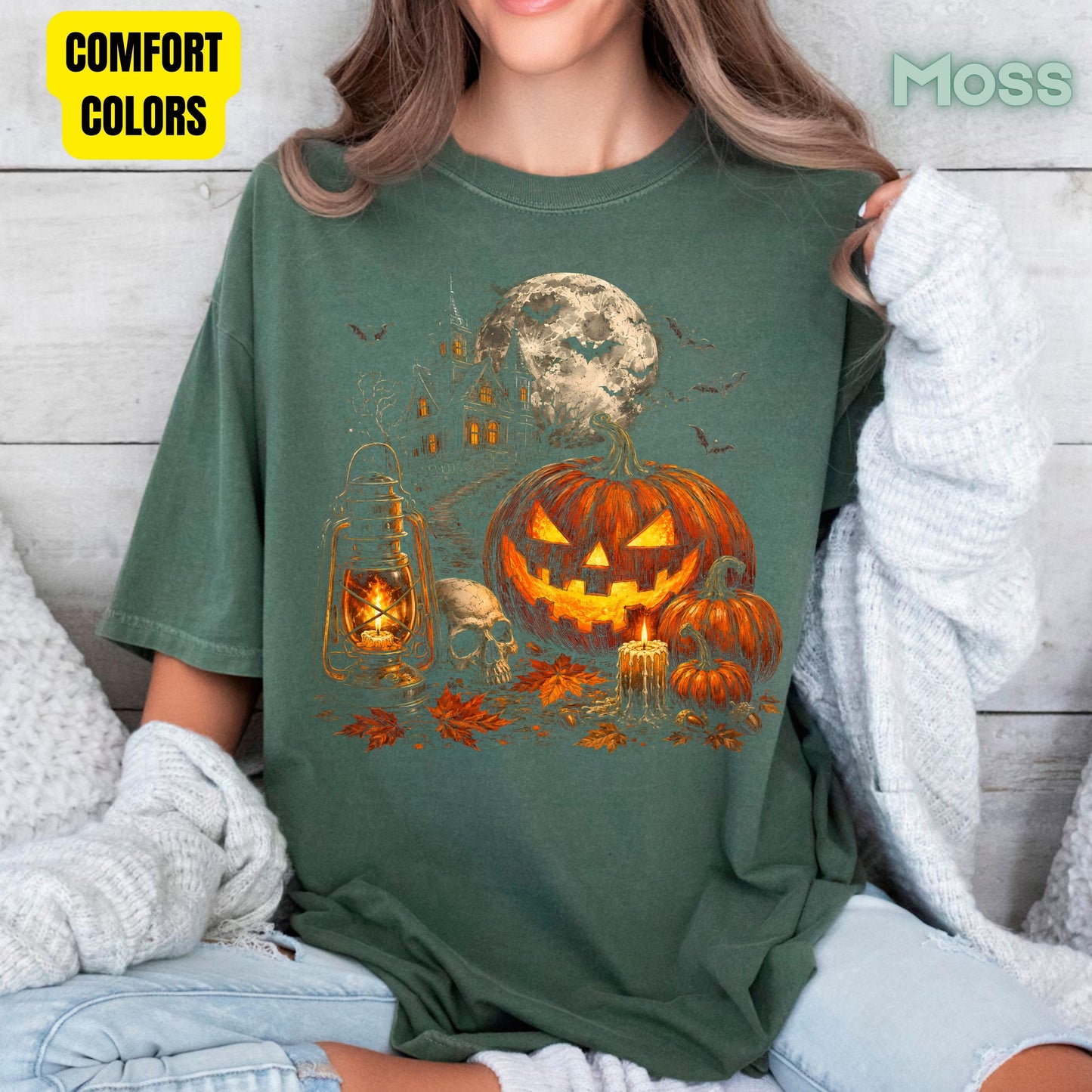 Vintage Haunted House Halloween T-Shirt, Pumpkin Lantern Jack O Lantern Spooky Autumn Tee