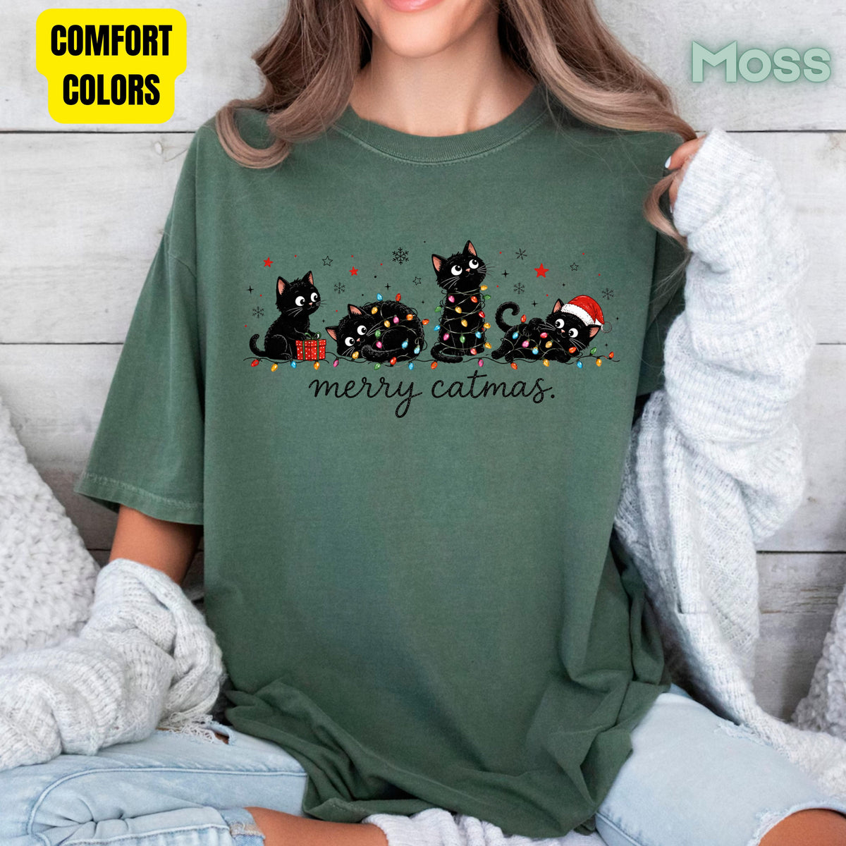 Merry Catmas Black Cats Christmas T-Shirt, Christmas Lights Black Kittens Cat Lover Tee