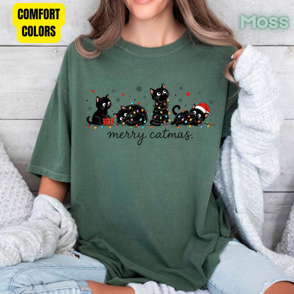 Merry Catmas Black Cats Christmas T-Shirt, Christmas Lights Black Kittens Cat Lover Tee