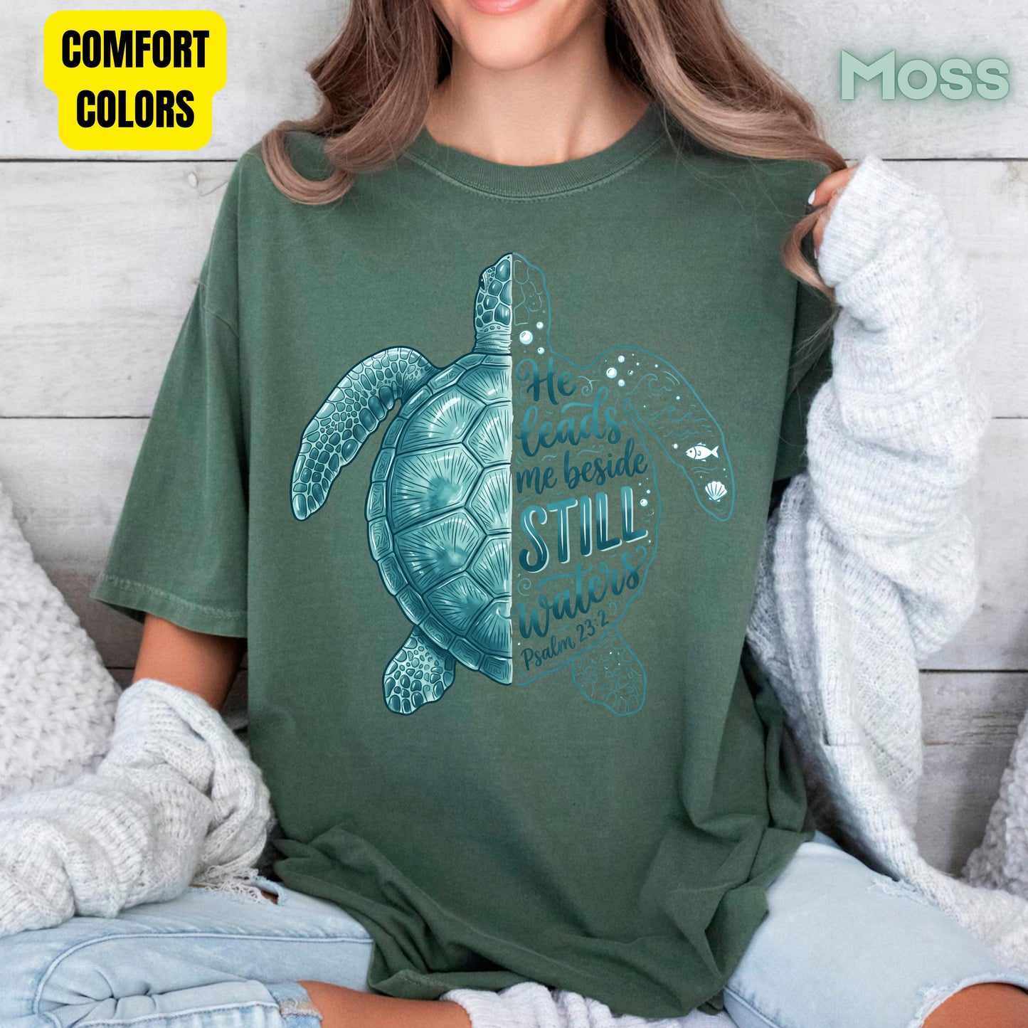 Christian Sea Turtle Psalm 23 T-Shirt, He Leads Me Beside Still Waters Faith Tee